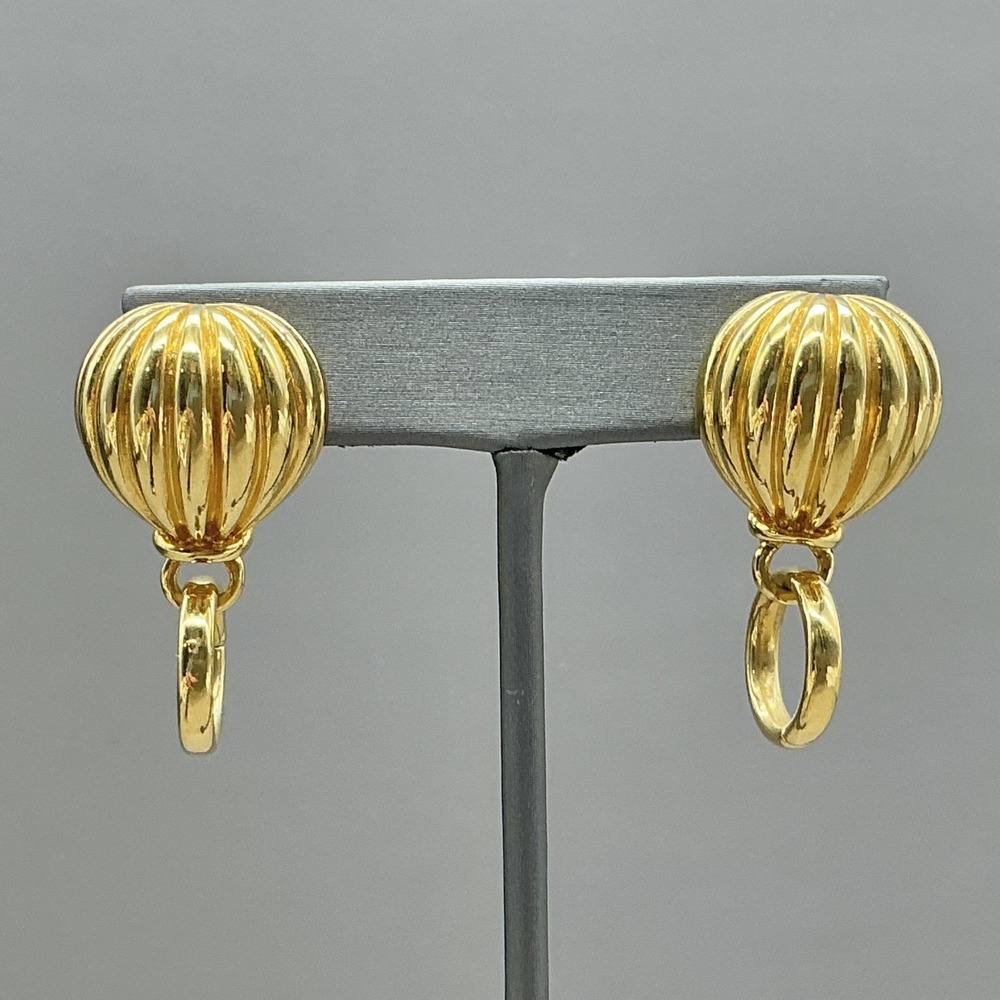 Earrings Gold Tone Ribbed Ball Dangle Drop Womens Hoop Fashion Jewelry 1.5"